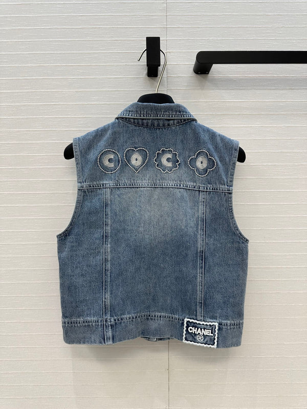 CC 25 Embroidered Vest Jacket Blue Denim Cotton