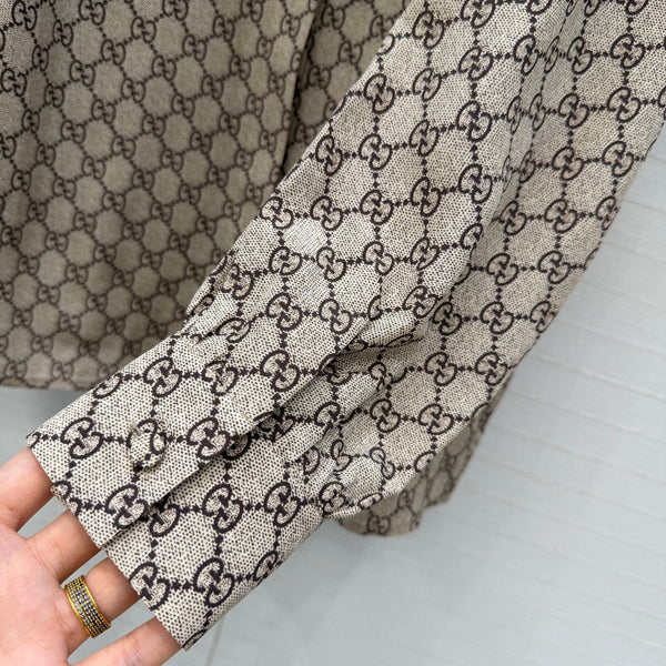 GG 26S Shirt GG Print Ruffle Collar Beige Brown Silk 428587
