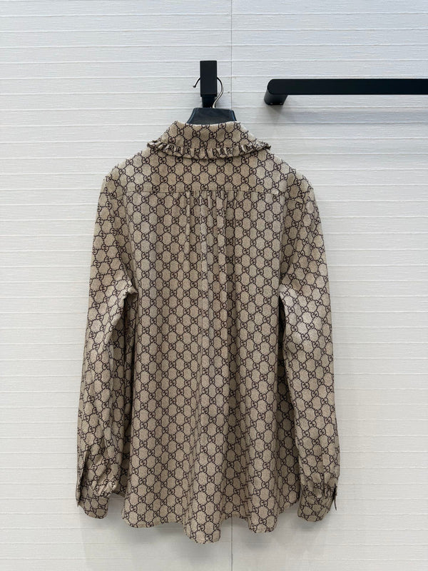 GG 26S Shirt GG Print Ruffle Collar Beige Brown Silk 428587