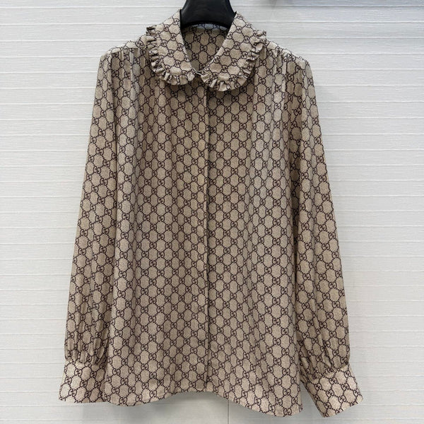 GG 26S Shirt GG Print Ruffle Collar Beige Brown Silk 428587
