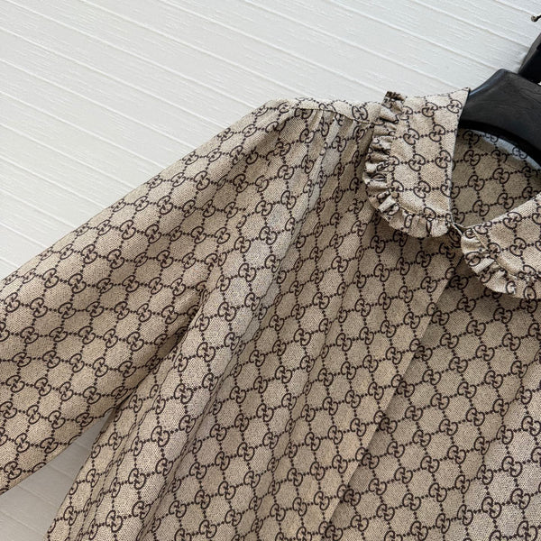 GG 26S Shirt GG Print Ruffle Collar Beige Brown Silk 428587