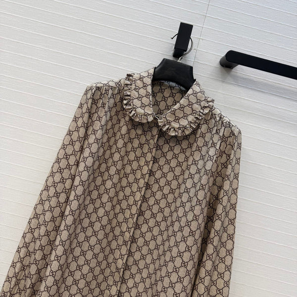 GG 26S Shirt GG Print Ruffle Collar Beige Brown Silk 428587