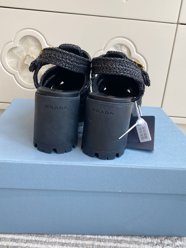 Prad 26s Fisherman Platform Sandals 8.5cm Black Raffia 122238