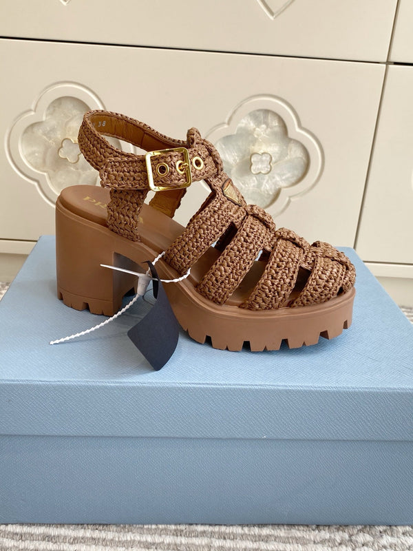 Prad 26s Fisherman Platform Sandals 8.5cm Brown Raffia 122239