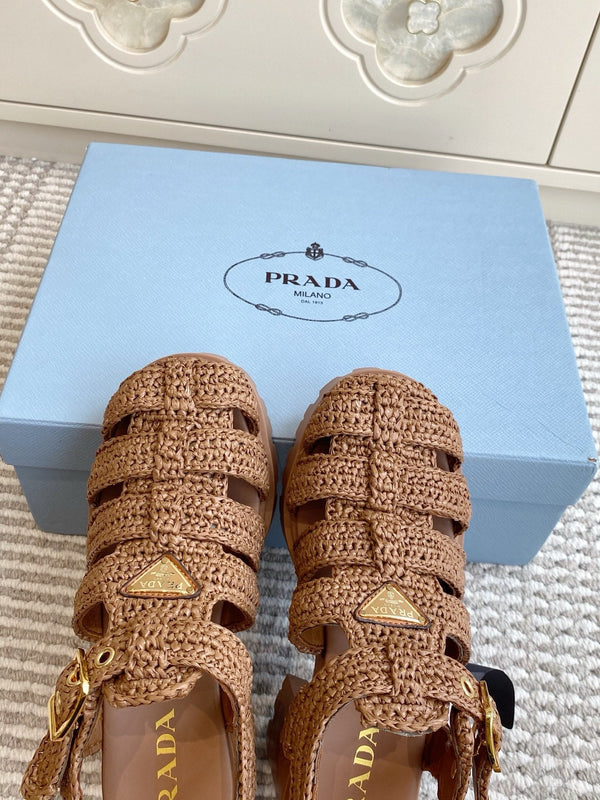 Prad 26s Fisherman Platform Sandals 8.5cm Brown Raffia 122239
