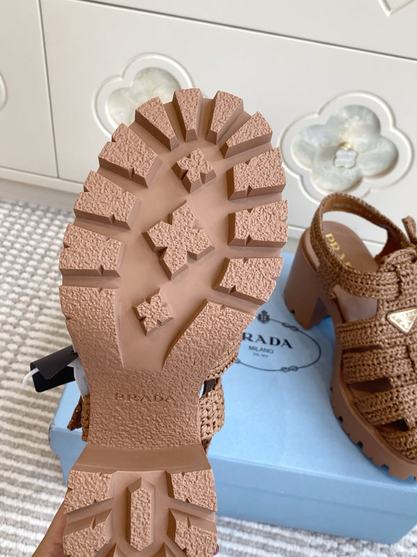 Prad 26s Fisherman Platform Sandals 8.5cm Brown Raffia 122239