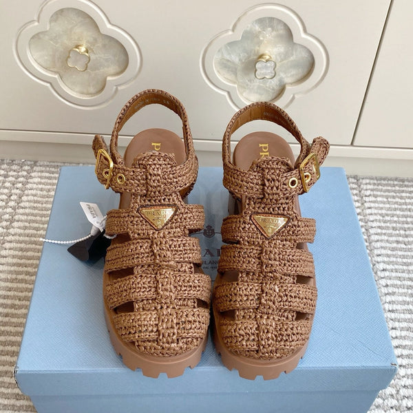 Prad 26s Fisherman Platform Sandals 8.5cm Brown Raffia 122239