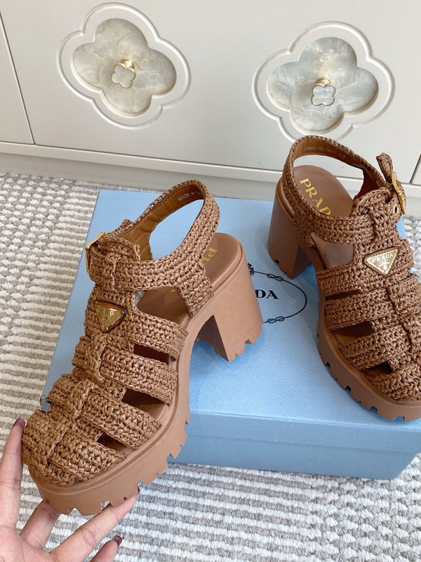 Prad 26s Fisherman Platform Sandals 8.5cm Brown Raffia 122239