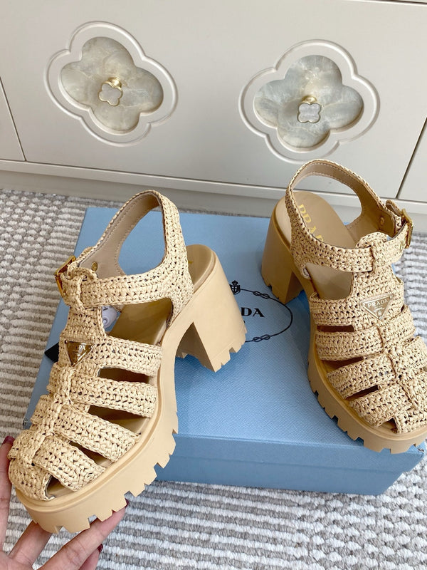 Prad 26s Fisherman Platform Sandals 8.5cm Beige Raffia 122240