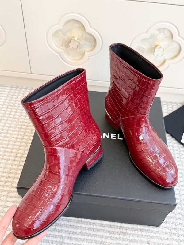 CC 26s Croc Embossed Ankle Boots Burgundy Patent Leather  122040