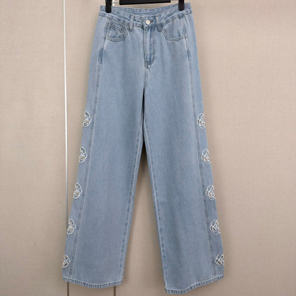 CC 26s Camellia Lace Straight-Leg Pants Washed Blue Denim 407854