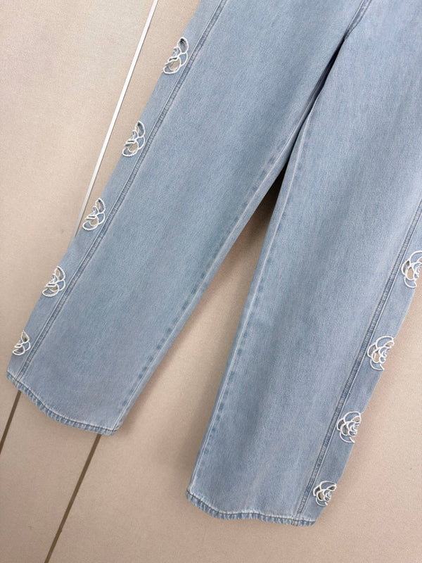 CC 26s Camellia Lace Straight-Leg Pants Washed Blue Denim 407854