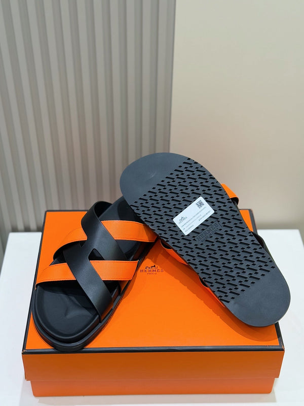 HM Men's Kazimir Slide Black Orange Calfskin 562774