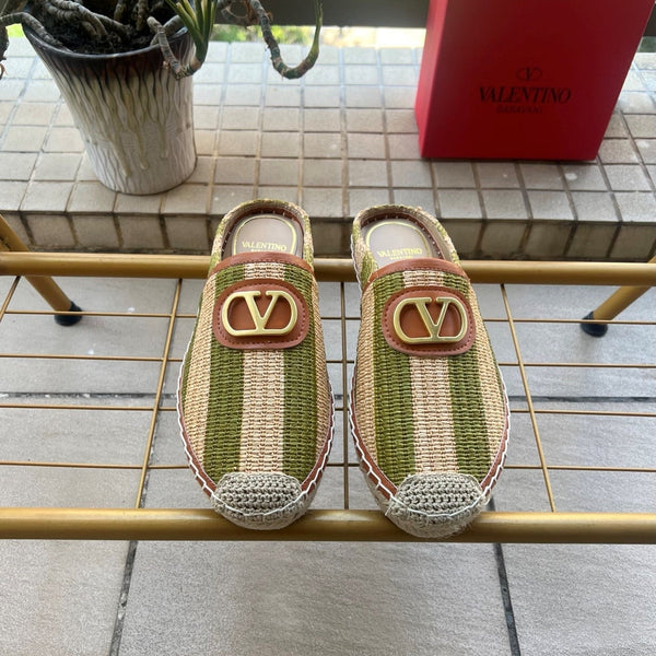 VLogo Signature Striped Espadrille Mules Beige Green Raffia