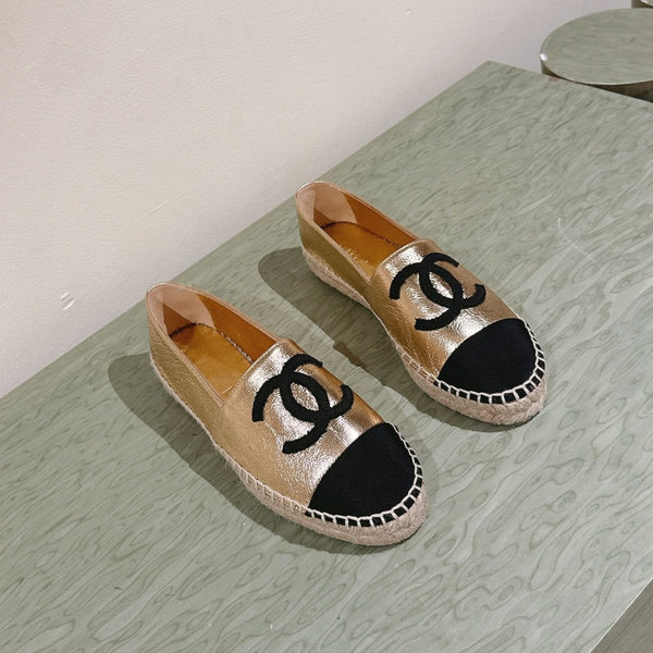 espadrilles gold metalic calfskin black canvas