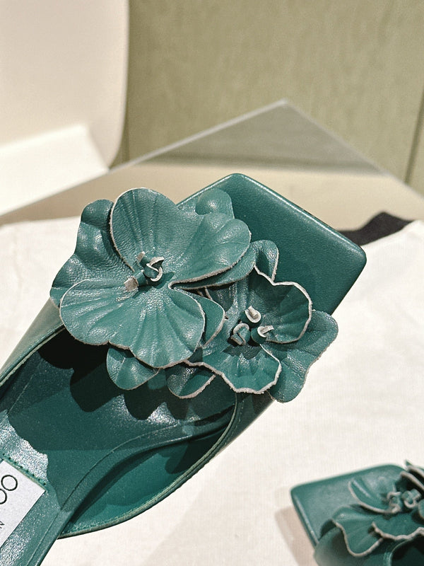 Jimmy Choo Amita Flowers Sandal 4.5cm Teal Green Sheepskin 659640