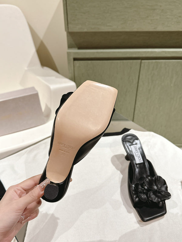 Jimmy Choo Amita Flowers Sandal 4.5cm Black Sheepskin 659644