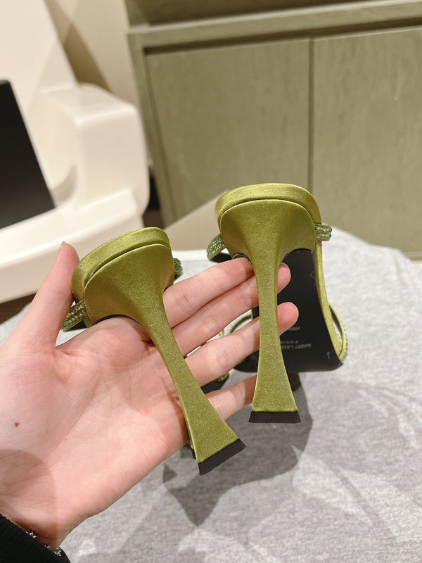 HIGH HEEL MULE 10 CM IN OLIVE GREEN SATIN WITH RHINESTONES