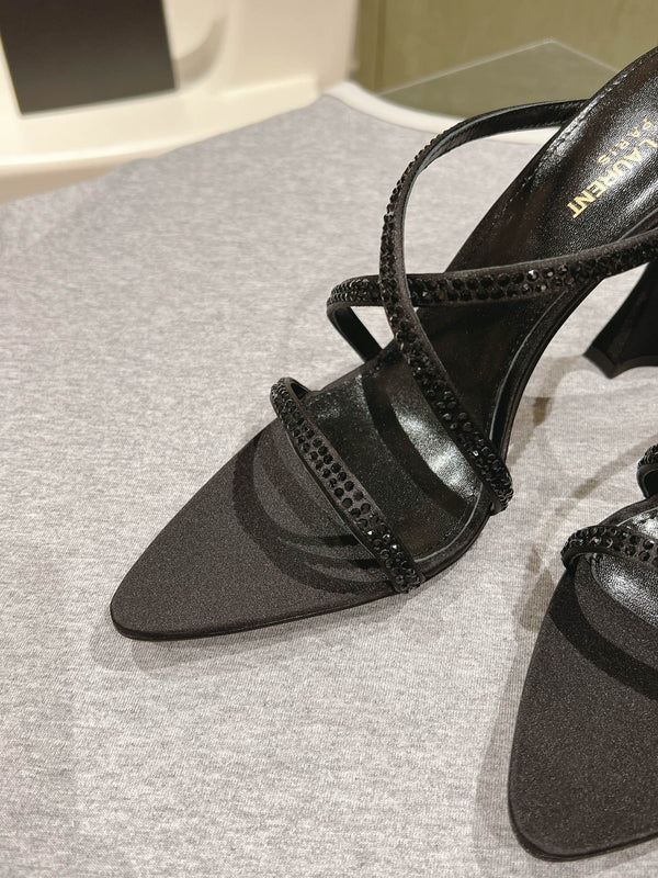 HIGH HEEL MULE 10 CM IN BLACK SATIN WITH RHINESTONES