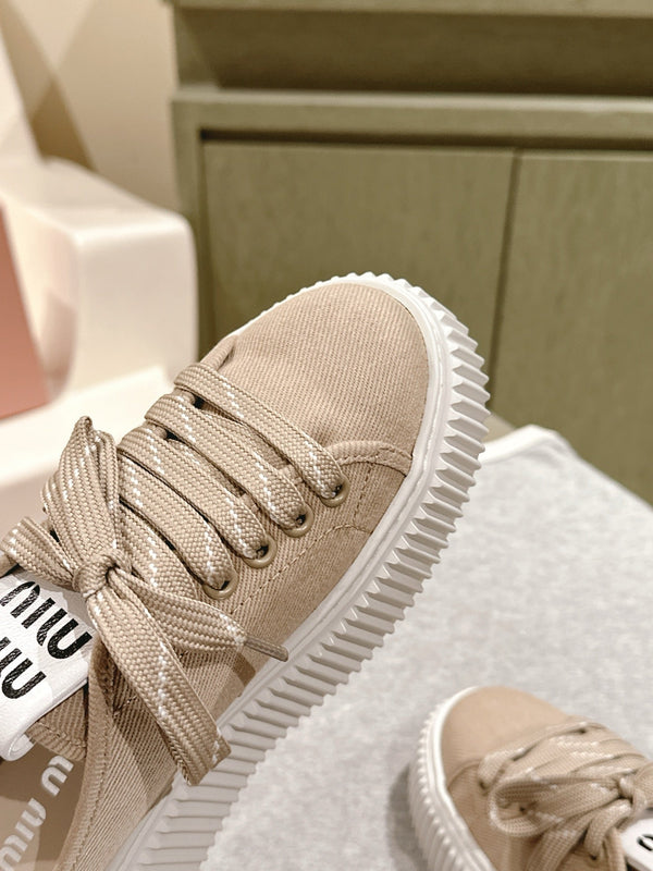 Miu Miu Biscuit Shoes Platform Mules Beige Denim Canvas 532873