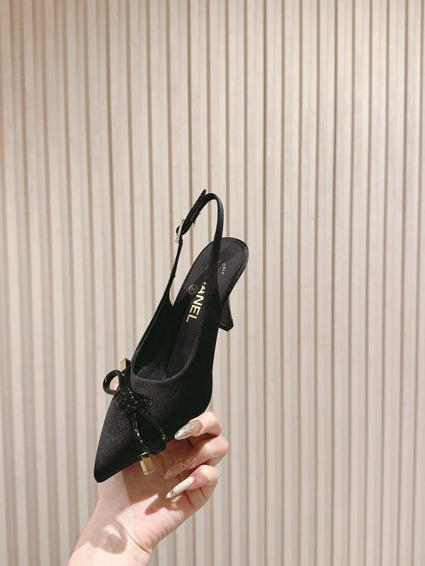 CC 25ss Bow Tie Slingbacks 85mm Black Satin & Patent Leather 447414