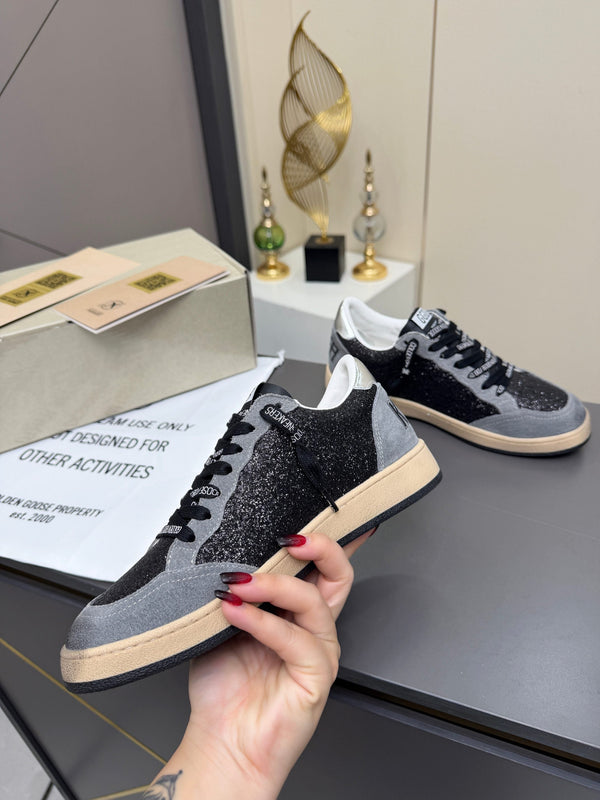 Golden Goose 26s Ball Star Sneakers Black Grey Suede Glitter 735897