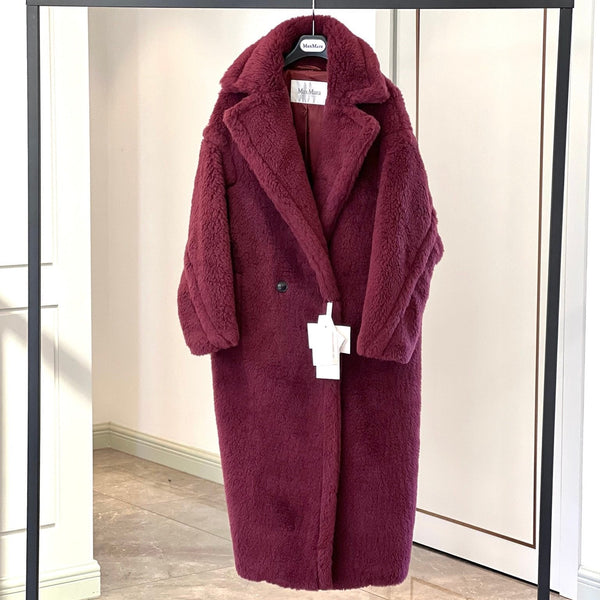 Max Mara 26s Teddy Bear Long Coat Burgundy Alpaca Wool Silk 429249
