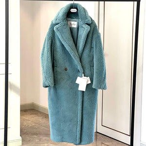 Max Mara Teddy Bear Icon Long Coat Sage Green Alpaca Wool Silk 429223