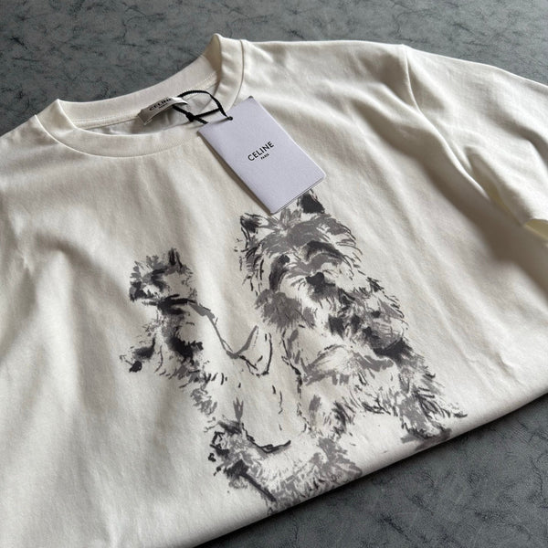 Celine SS26 Unisex Puppy Print Short-Sleeve Tee White Cotton 350474