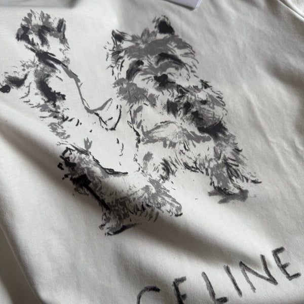 Celine SS26 Unisex Puppy Print Short-Sleeve Tee White Cotton 350474