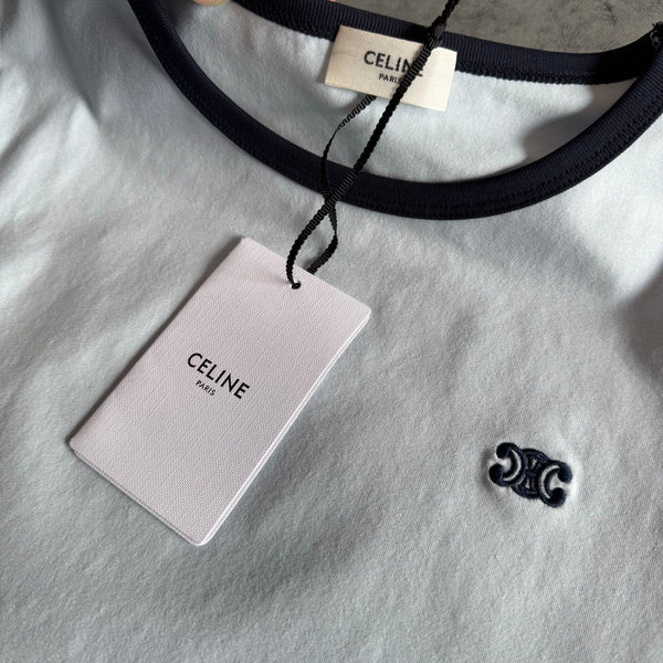 Celine SS26 Short-Sleeve Tee Small Logo Embroidery White Cotton 350489