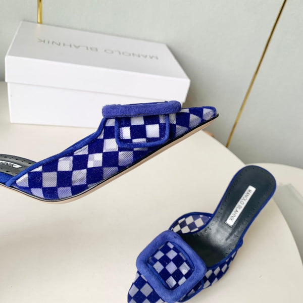 Manolo Mules Latest Checkerboard Blue Fabric Leather 528008