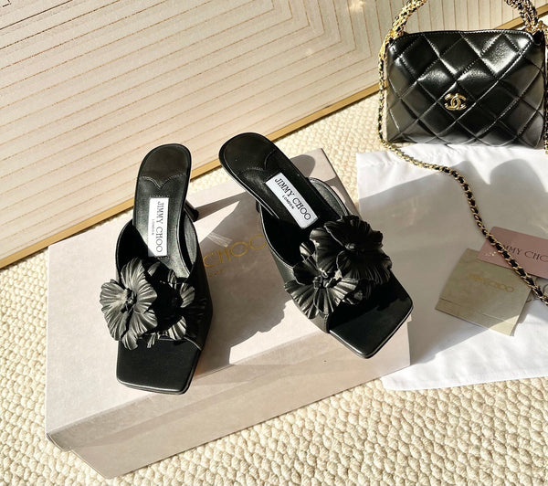 Jimmy Choo Skye Corsage Sandals Black Sheepskin 669846