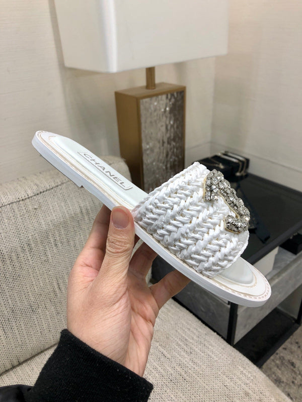 CC Flat Slides White Braided Raffia Crystal Embellished 688666