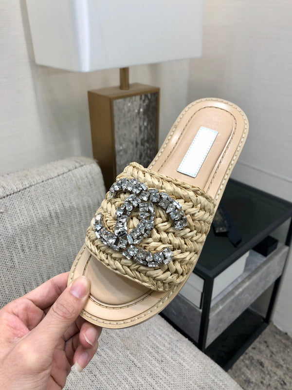 CC Flat Slides Beige Braided Raffia Crystal Embellished 688667