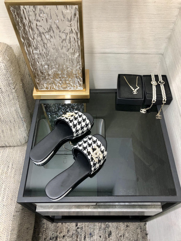 mule sandal black white houndstooth fabric