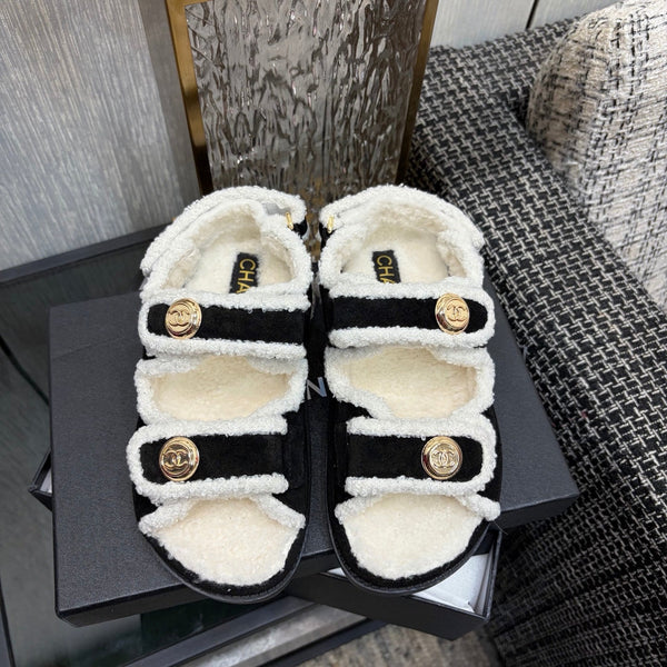 CC 26s Dad Sandals Black White Suede Shearing 970116