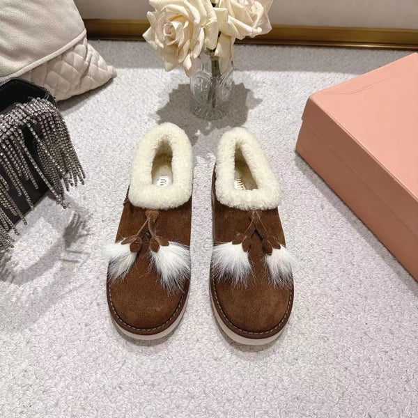 Miu Booties Dark Brown Suede Shearling-Lined with Fur Tassels 455927