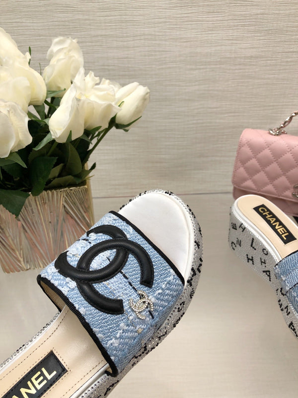 CC 25C Platform Slide Sandals Steed Blue Fabric 213131