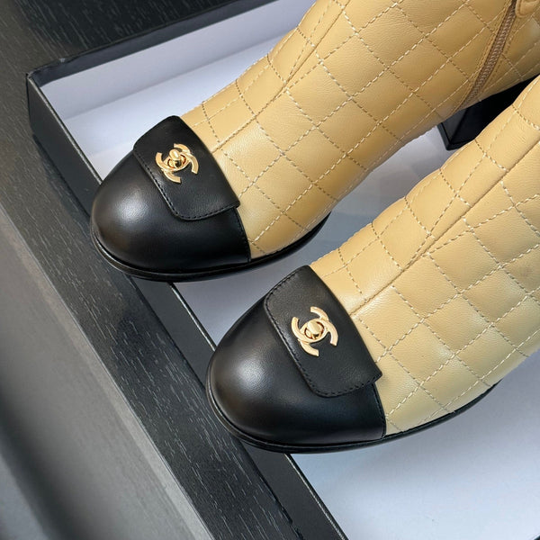 CC Ankle Boots 50mm Beige Black Quilted Lambskin