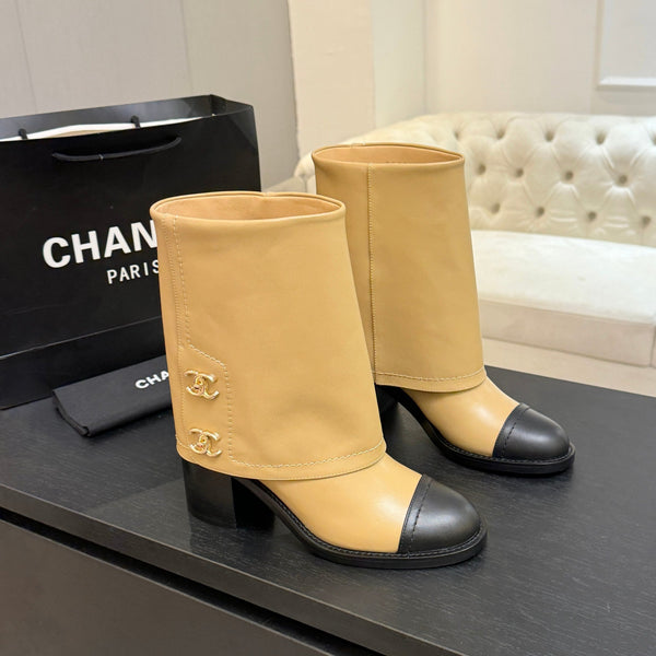 CC 26s Chunky Heel Trouser Ankle Boots Black Beige Sheepskin 673033