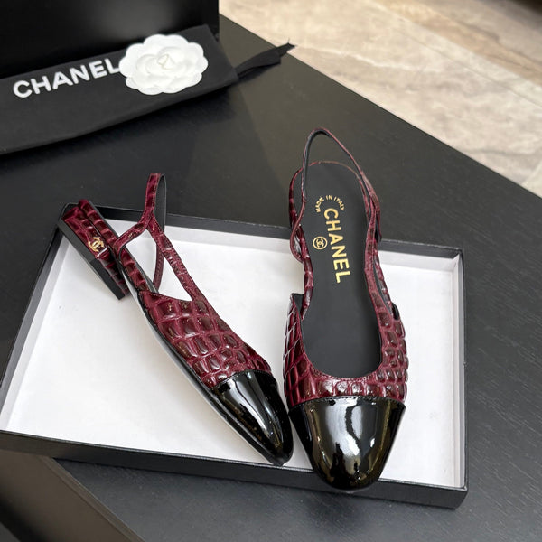 CC 26s Classic Slingback Flat Black Burgundy Crocodile Embossed Patent Leather 907635