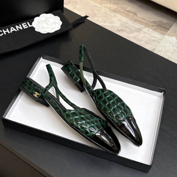 CC 26s Classic Slingback Flat Black Green Crocodile Embossed Patent Leather 907638