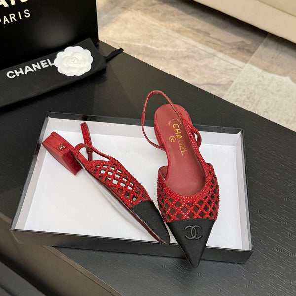 CC 26s Rhinestone Slingback Flat Shoe Red Black Suede Canvas 907697
