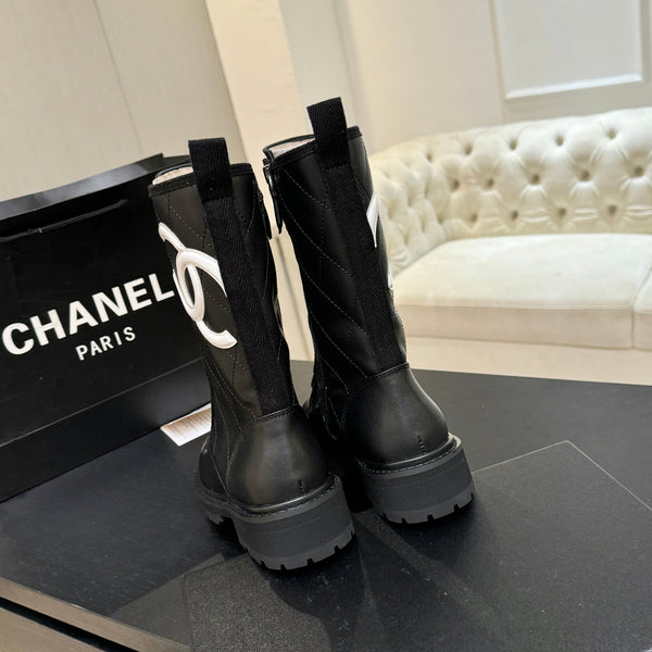 CC Quilted Combat Boots 26s Black Calfskin Leather 101988