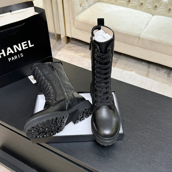 CC Quilted Combat Boots 26s Black Calfskin Leather 101988