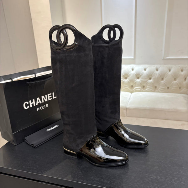 CC 26s Knee-High Riding Boots Black Patent Suede 106813