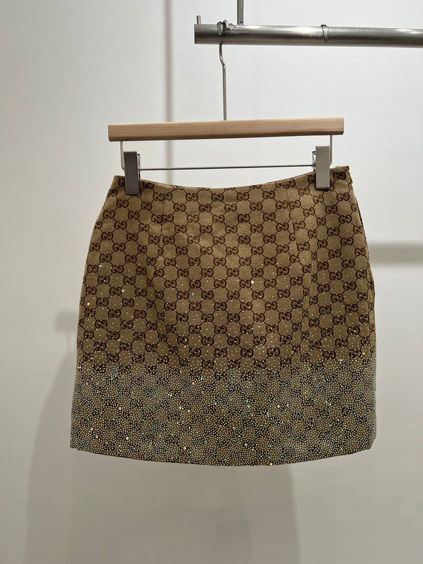 GG Beige Monogram Crystal Embellished Mini Skirt