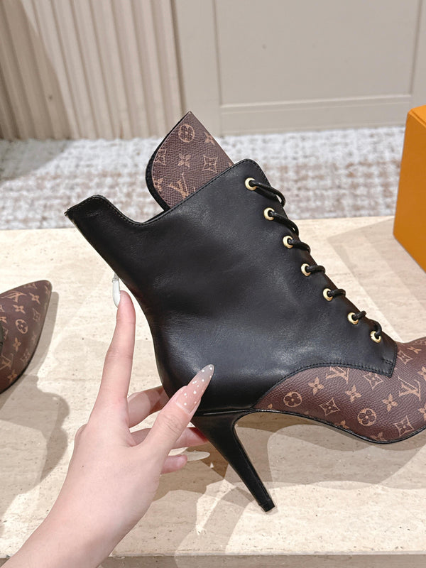 LV AW25 Ankle Boot Black Plain Calf Leather & Brown Monogram Canvas 555617