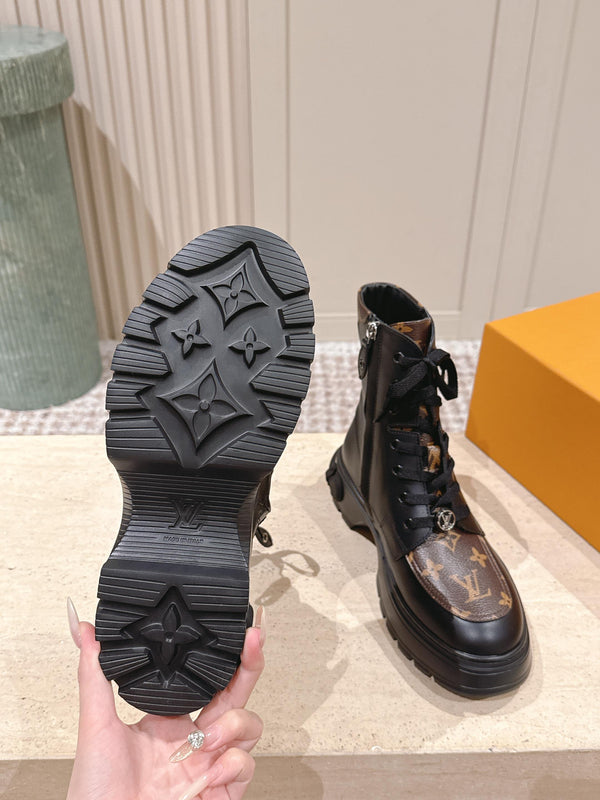 LV Squad Lace-up Ankle Boot 5cm Black Cowhide Monogram Canvas